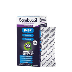 Sambucol Baby Powder box, providing immune support with vitamin C and D, designed for infants 6-36 months.