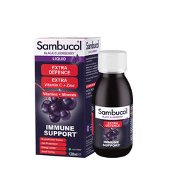 Sambucol Extra Defence Liquid 120ml, immune support syrup with black elderberry, vitamins C and Zinc, great tasting.