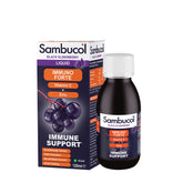 Sambucol Immuno Forte liquid for immune support with black elderberry, vitamin C, and zinc, 120ml bottle.
