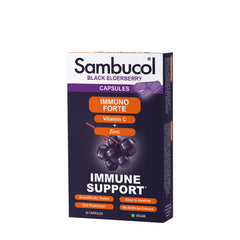 Sambucol Immuno Forte Capsules with black elderberry, vitamin C, and zinc for immune support.