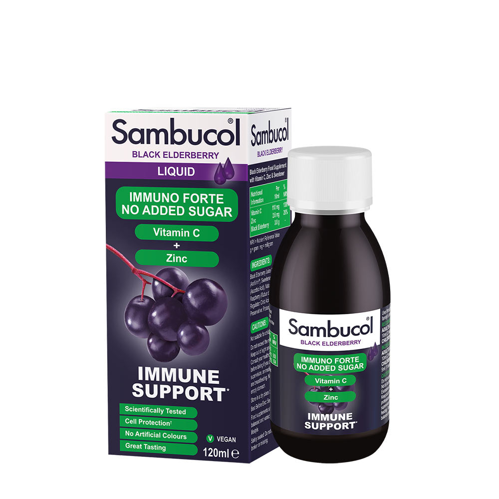 Sambucol Immuno Forte sugar-free liquid with vitamin C and zinc for immune support, 120ml bottle.