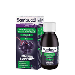 Sambucol Immuno Forte sugar-free liquid with vitamin C and zinc for immune support, 120ml bottle.
