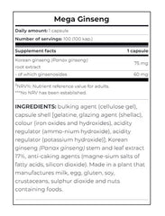 Mega Ginseng näringsfakta och ingredienser baksida