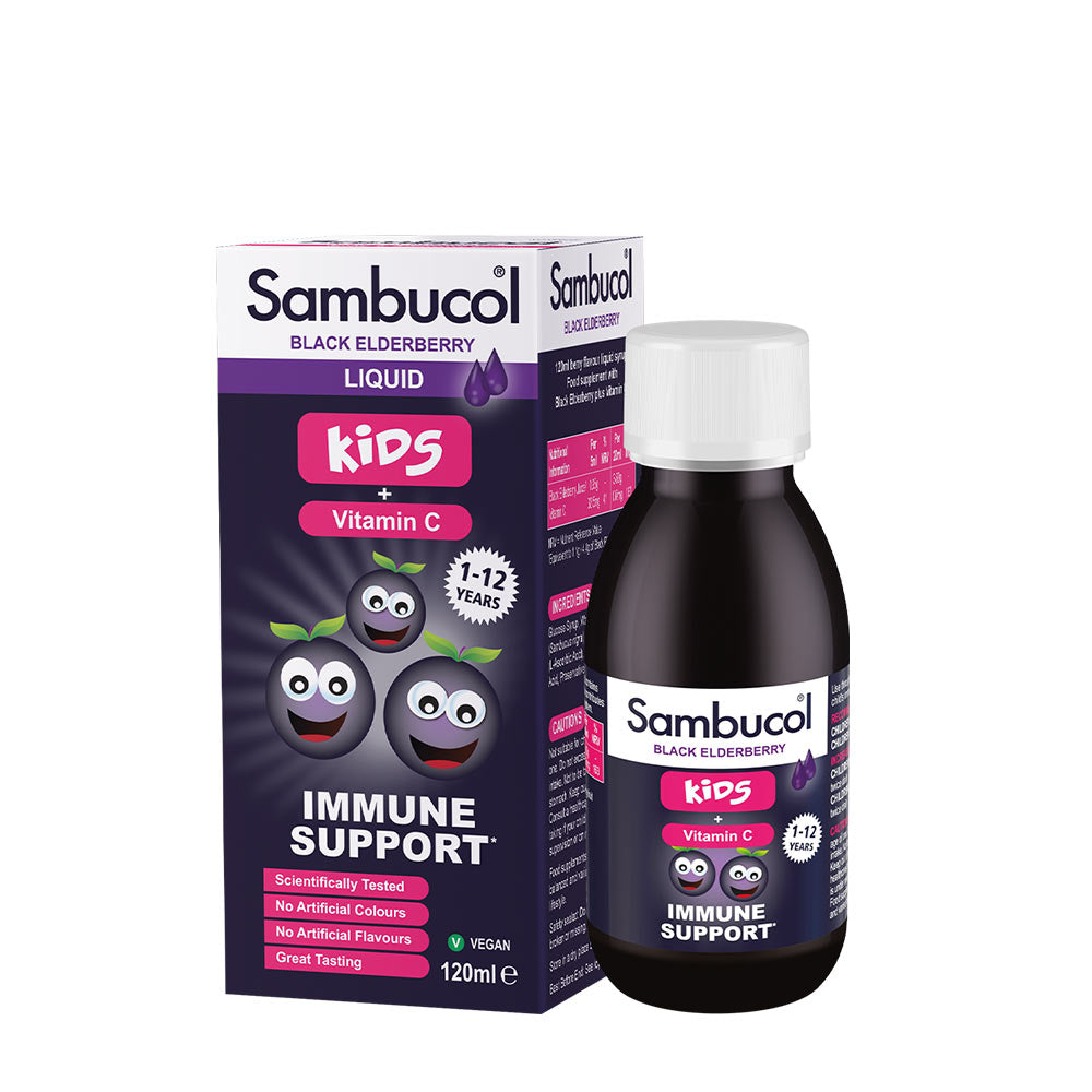 Sambucol Kids Liquid with Vitamin C for immune support, featuring black elderberry, 120ml bottle.