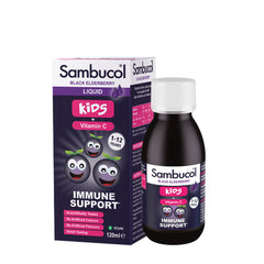 Sambucol Kids Liquid with Vitamin C for immune support, featuring black elderberry, 120ml bottle.