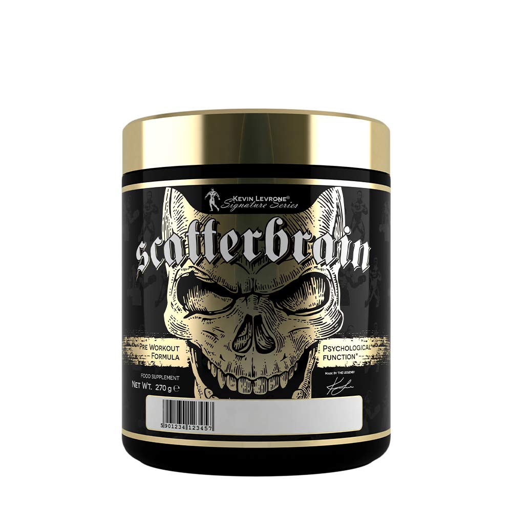 Kevin Levrone Scatterbrain pre-workout supplement with skull design, 270g container for intense workouts.