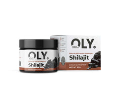 Oly Pure Shilajit Resin 30g jar and packaging, a natural dietary supplement for energy and wellness.