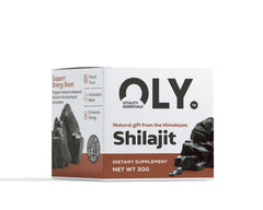 Oly Pure Shilajit Resin 30g packaging, promoting energy boost and wellness benefits.