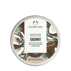 The Body Shop Coconut Body Butter canister, 200ml, featuring tropical design and vegan label.