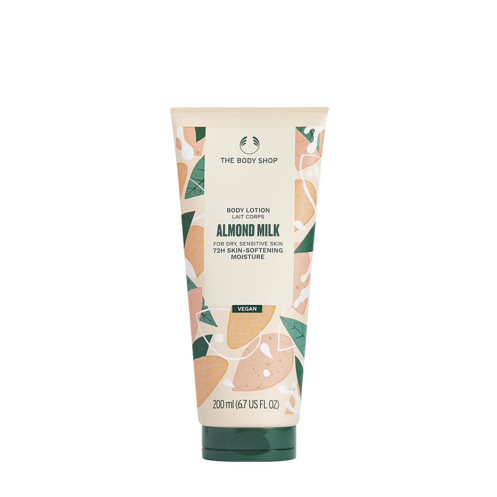 The Body Shop Almond Milk Body Lotion, vegan lotion for sensitive skin, 72-hour moisture, 200ml tube.