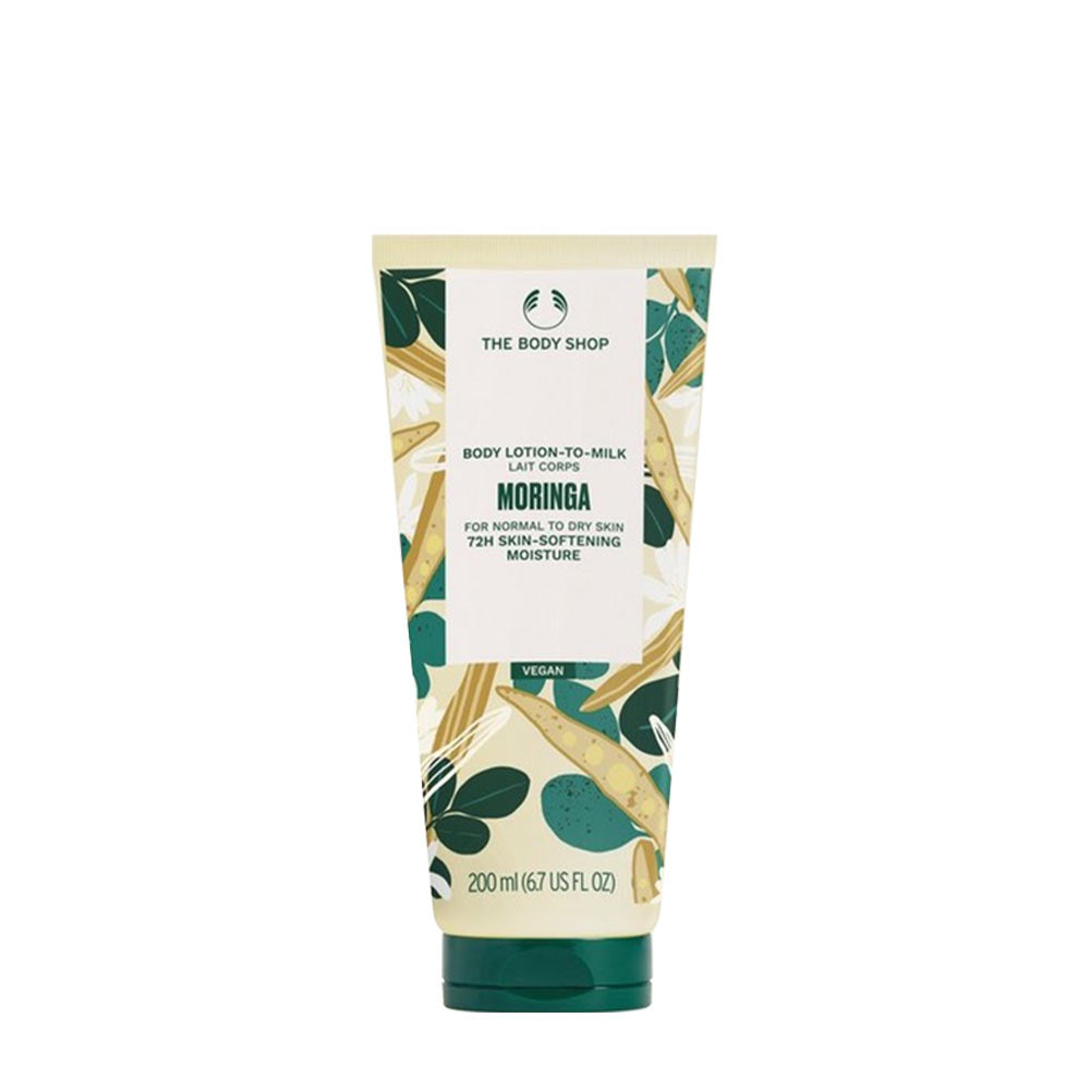 The Body Shop Moringa Body Lotion, 200ml, vegan formula for normal to dry skin, 72 hours moisture, creamy texture, natural ingredients.