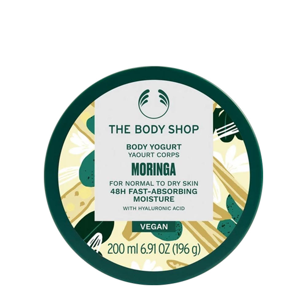 The Body Shop Moringa Body Yogurt, 200ml, fast-absorbing moisturizer for normal to dry skin, vegan formula.