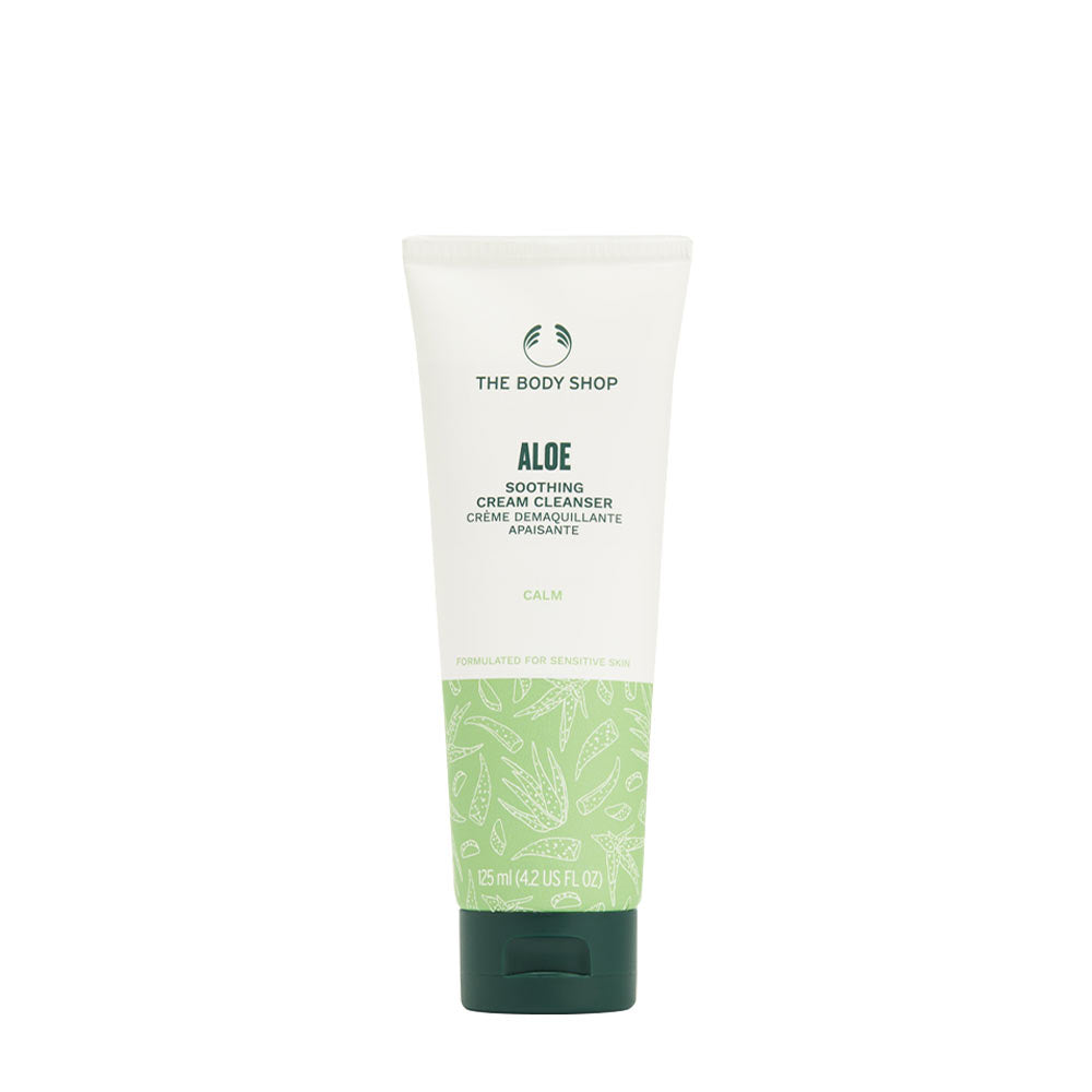 The Body Shop Aloe Soothing Cream Cleanser in a 125ml tube for sensitive skin, enriched with Fair Trade aloe vera.
