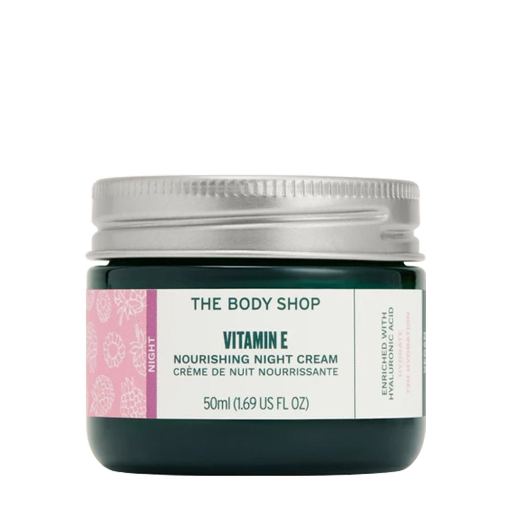 The Body Shop Vitamin E Nourishing Night Cream in a jar, 50ml, designed for intensive hydration and skin nourishment.