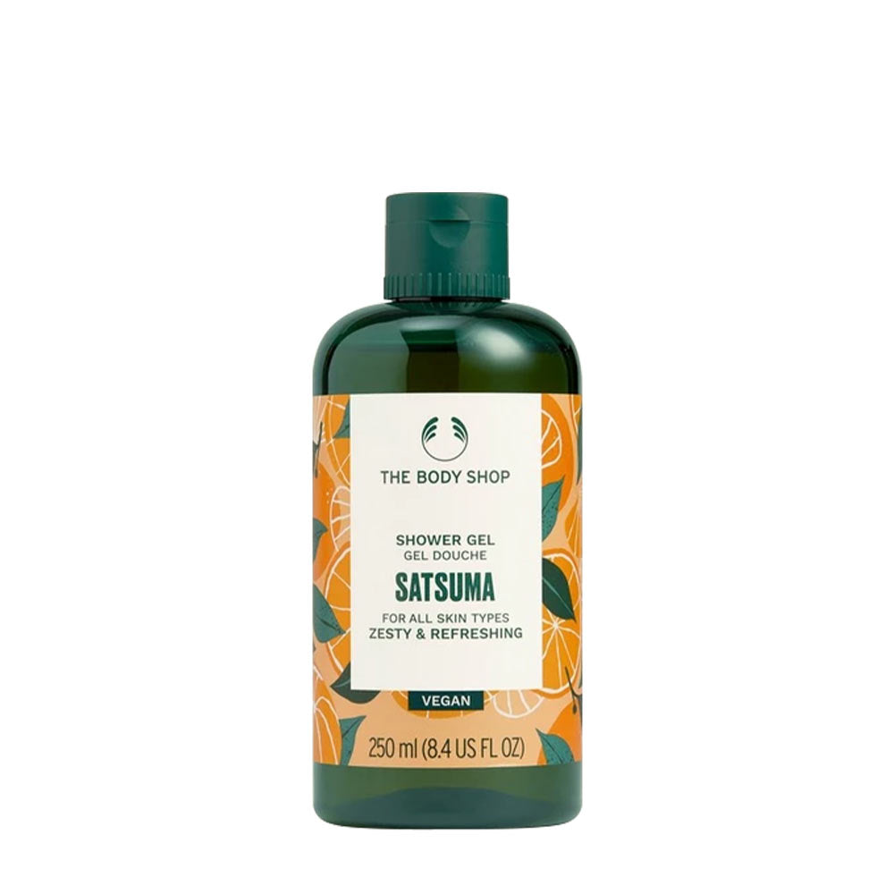 The Body Shop Satsuma Shower Gel: 250ml vegan, zesty citrus scent, gentle for all skin types, refreshing shower experience.