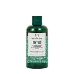 The Body Shop Tea Tree Skin Clearing Facial Wash in a green bottle, 250ml, suitable for blemished skin.