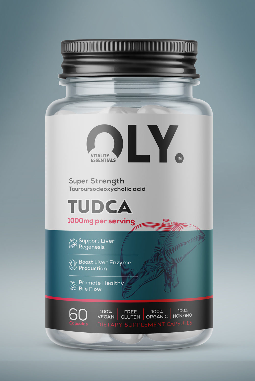 Oly TUDCA supplement bottle with 1000mg, 60 vegan capsules for liver support and healthy bile flow. Oly TUDCA supplement bottle with 1000mg, 60 vegan capsules for liver support and healthy bile flow.
