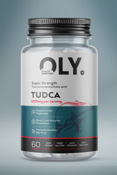 Oly TUDCA supplement bottle with 1000mg, 60 vegan capsules for liver support and healthy bile flow.