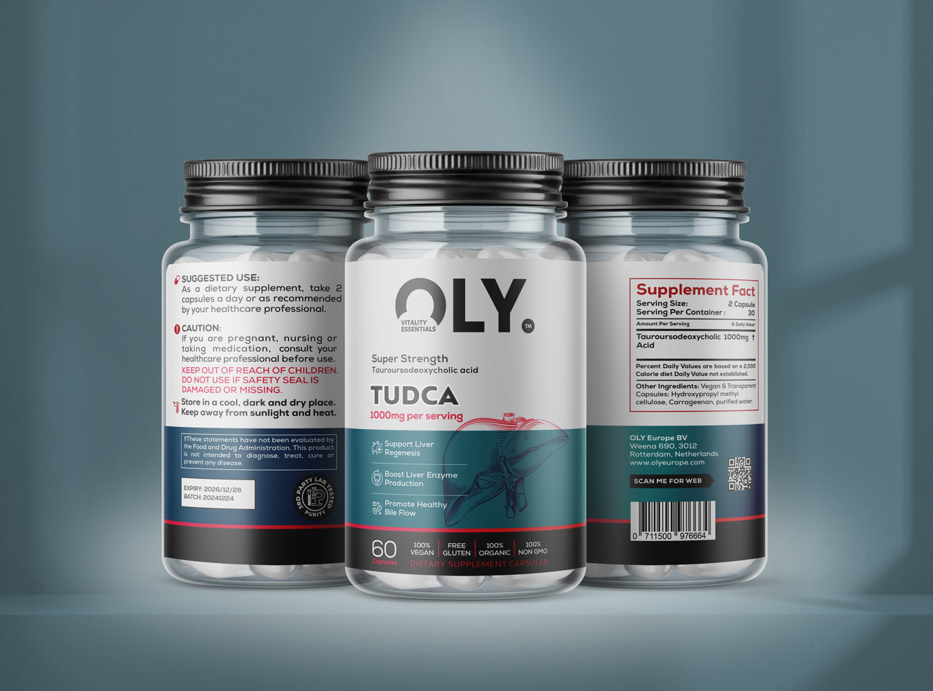 Oly TUDCA supplement bottle with details, 1000mg, 60 vcaps, promoting liver health and digestion. Oly TUDCA supplement bottle with details, 1000mg, 60 vcaps, promoting liver health and digestion.