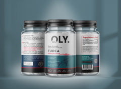 Oly TUDCA supplement bottle with details, 1000mg, 60 vcaps, promoting liver health and digestion.