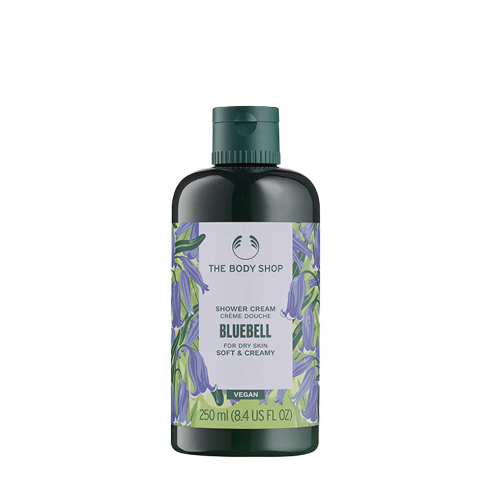 The Body Shop Bluebell Shower Gel in a 250ml bottle, designed for normal to dry skin, soft and creamy formula.