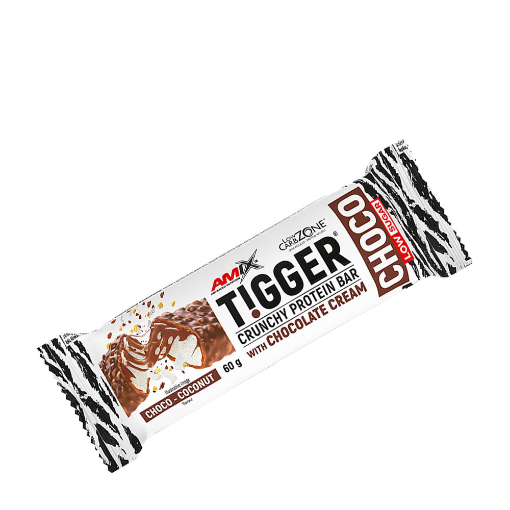 Amix Tigger Choco protein bar with chocolate cream, perfect low carb snack for muscle building and flavor.