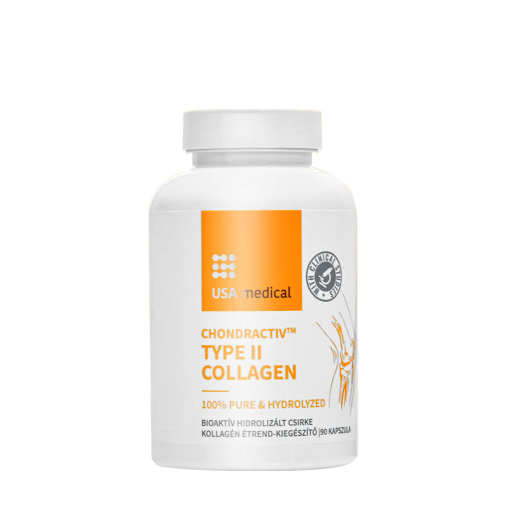 USA Medical ChondrActiv Type II Collagen supplement for joint health and mobility in a white capsule bottle.