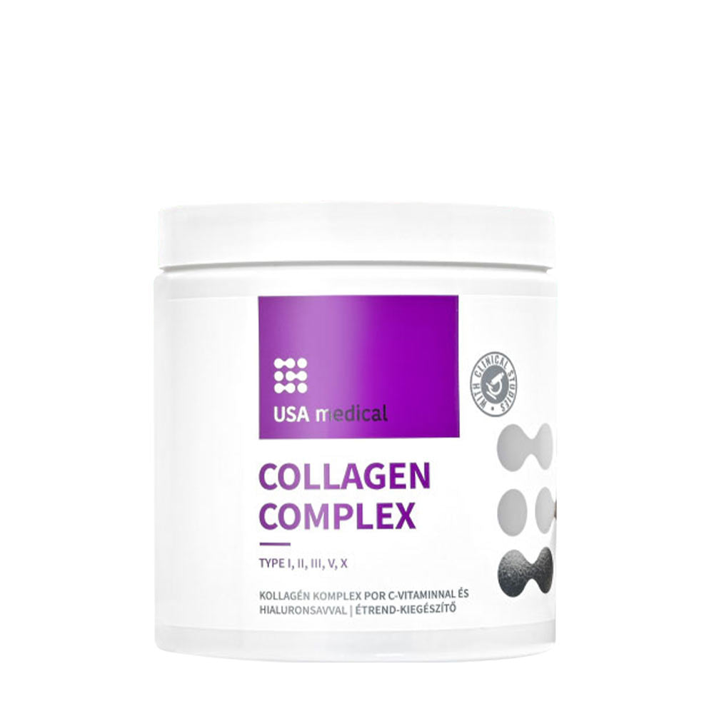USA medical Collagen Complex powder, supports tissues, enriched with Vitamin C and hyaluronic acid, gluten-free, sugar-free.