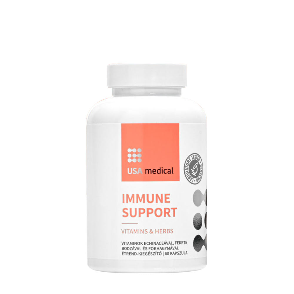 USA medical Immune Support supplement bottle with vitamins and herbs for natural immune defense.