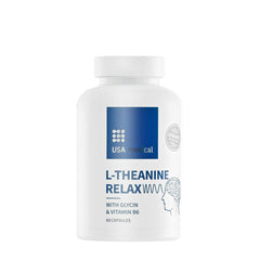 USA Medical L-Theanine Relax capsules with Glycin and Vitamin B6 for mental alertness and relaxation.