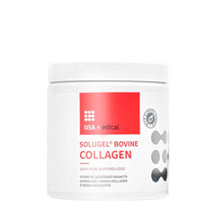 USA Medical Solugel® Bovine Collagen powder container for healthy skin and joints, gluten and sugar-free.