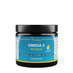 Vitaking Omega-3 supplement jar with 1200 mg fish oil, 216 mg EPA, and 144 mg DHA for heart and brain health.