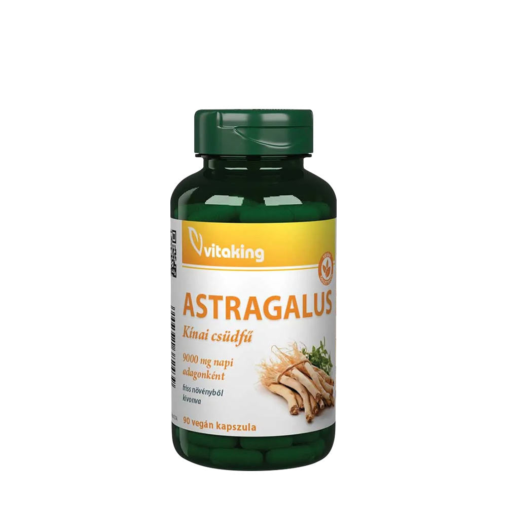Vitaking Astragalus supplement bottle, 90 vegan capsules for healthy vascular system support.