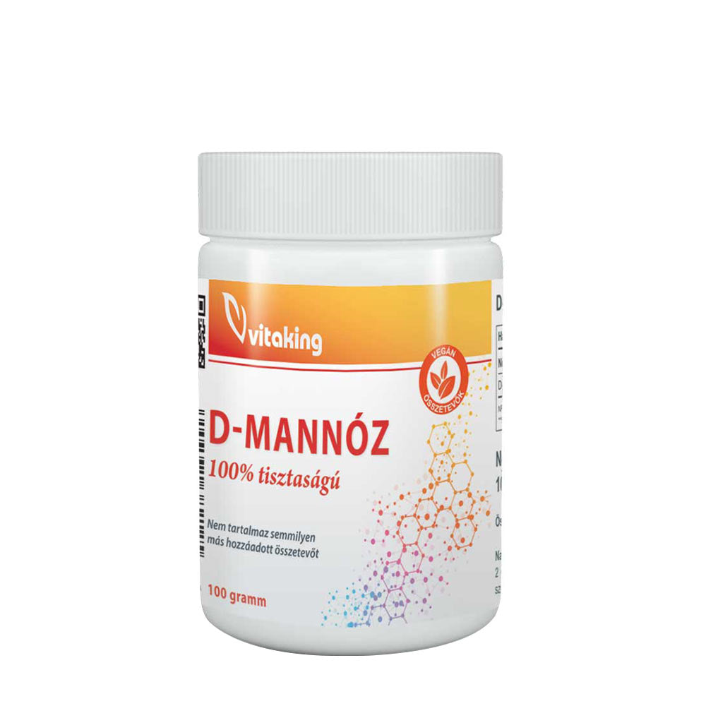 Vitaking D-Mannose Pure Powder in a 100g jar, promoting urinary health and containing 100% pure D-mannose.