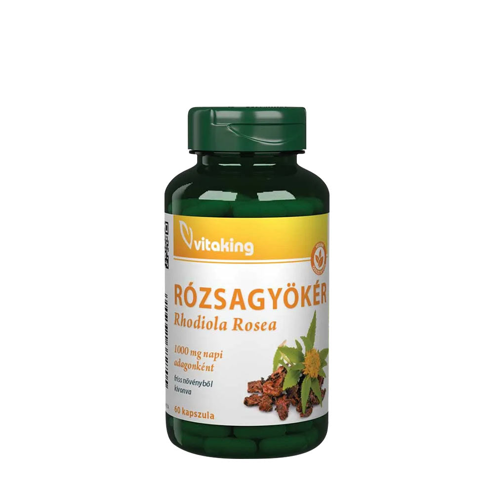 Vitaking Rhodiola Rosea 400 mg supplement bottle with green cap and label highlighting its adaptogenic properties.