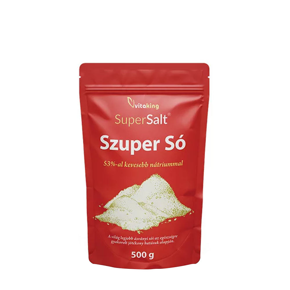 Vitaking SuperSalt® 500g mineral salt packaging, low sodium blend with added minerals.