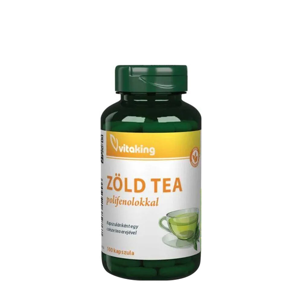 Vitaking Green Tea Extract bottle with polyphenols, 100 capsules for health benefits.