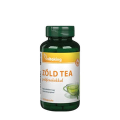 Vitaking Green Tea Extract bottle with polyphenols, 100 capsules for health benefits.
