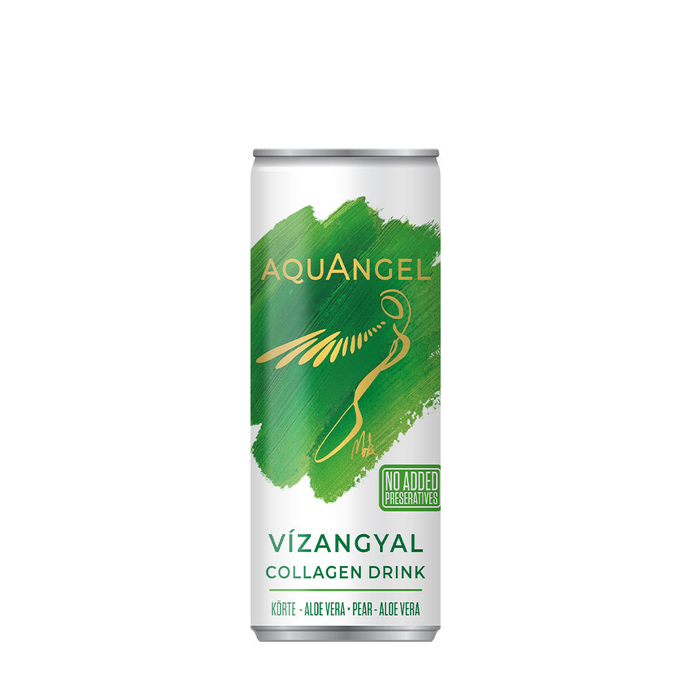 Vízangyal collagen drink can featuring aloe vera and pear, promoting skin elasticity and youthfulness.