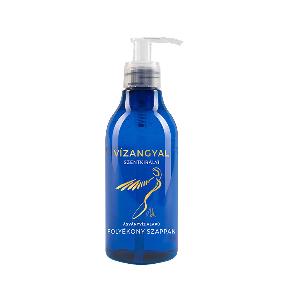 Vízangyal liquid soap in a blue pump bottle, featuring a mineral water-based formula and unique design.
