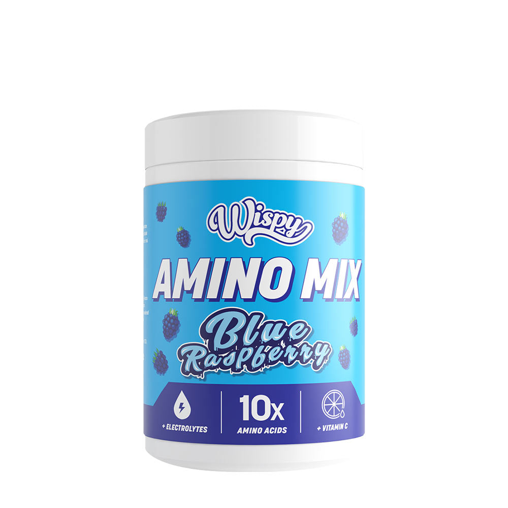 Wispy Amino Mix in Blue Raspberry flavor, featuring 10 essential amino acids and electrolytes for muscle recovery.