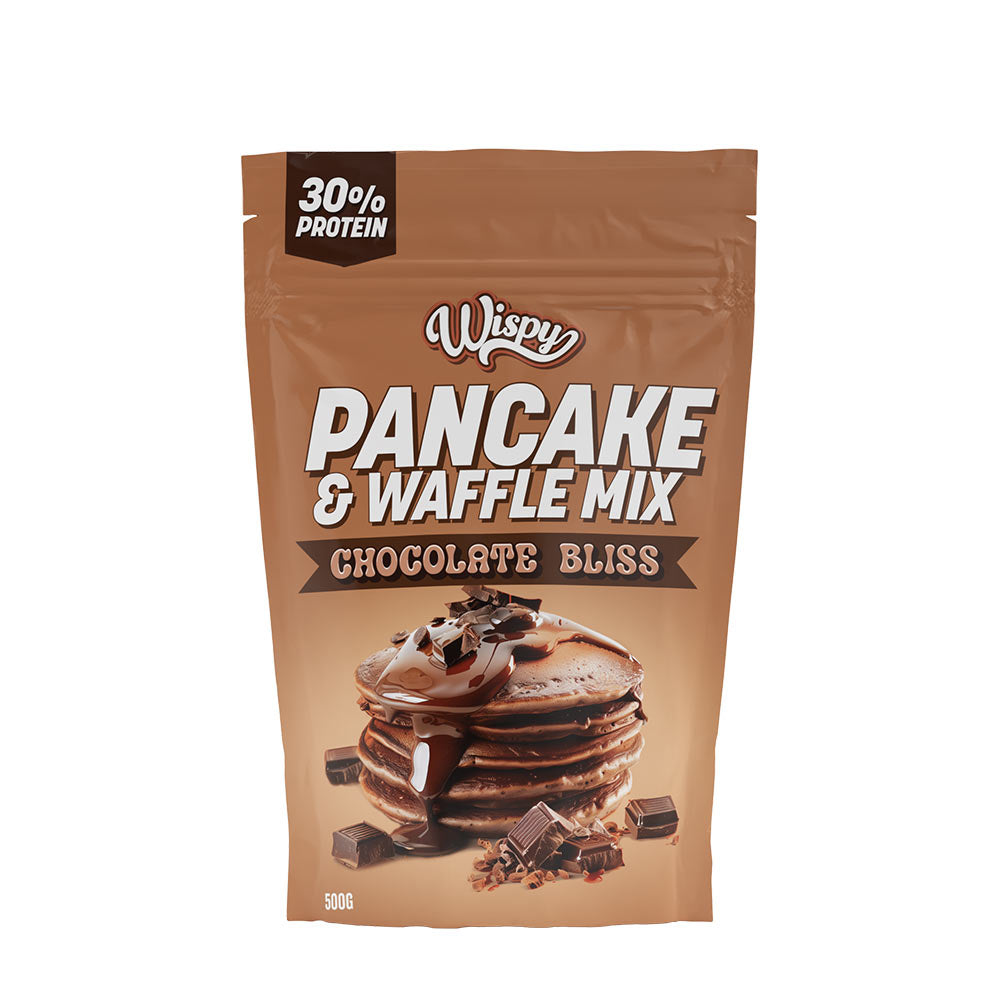 Wispy Pancake & Waffle Mix Chocolate Bliss with 30% protein for healthy breakfast options.