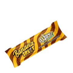 Wispy Protein Bar in Banana Split flavor, high protein, no added sugar, and vibrant packaging.