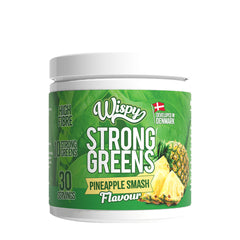 Wispy Strong Greens Pineapple Smash flavour supplement canister with green packaging and pineapple graphics.