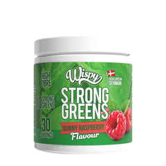Wispy Strong Greens Sunny Raspberry flavor supplement jar with 30 servings and high fiber content.