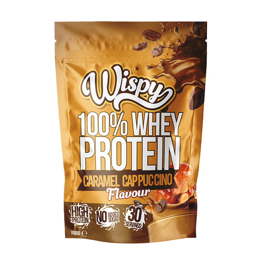 Wispy 100% Whey Protein powder caramel cappuccino flavor, high protein, no added sugar, 30 servings, 1000g bag.