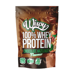 Wispy 100% Whey Protein powder in chocolate hazelnut flavor, high protein, no added sugar, 30 servings.