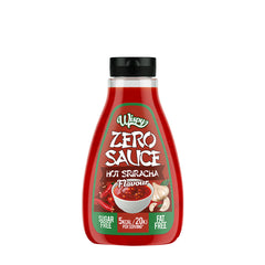 Wispy Zero Sauce Hot Sriracha, sugar-free, low-cal dressing featuring vibrant packaging.