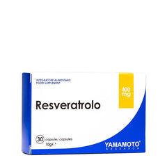 Yamamoto Nutrition Resveratrolo 400 mg food supplement box, containing 30 capsules for health and beauty.