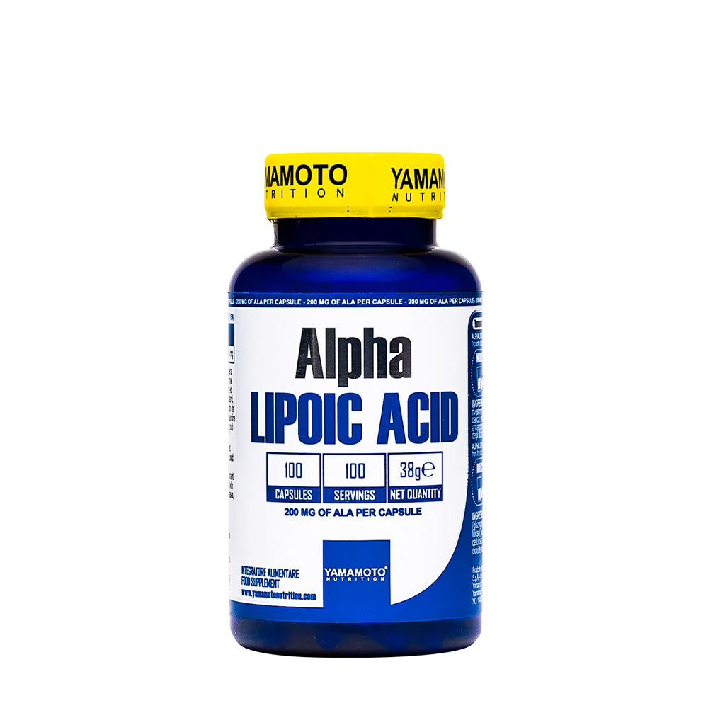 Yamamoto Nutrition Alpha Lipoic Acid supplement bottle with 100 capsules for cell protection and antioxidant support.